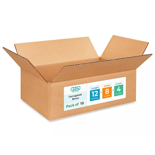 Idl Packaging 12 in x 8 in x 4 in Shipping Box, Kraft, Corrugate, Single Wall, 200#, 10 PK B-1284-10 - main